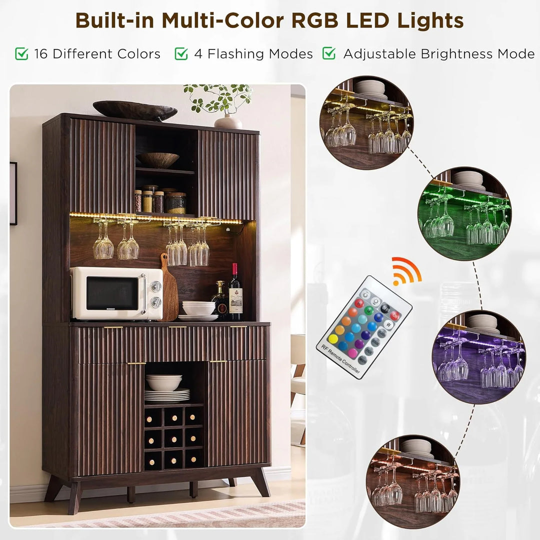 72" Wine Bar Cabinet, Modern Wood Coffee Bar Cabinet with LED Lights