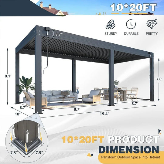 Outdoor Louvered Pergola Gazebo with Adjustable Aluminum Rainproof Roof and Pull-Down Screen
