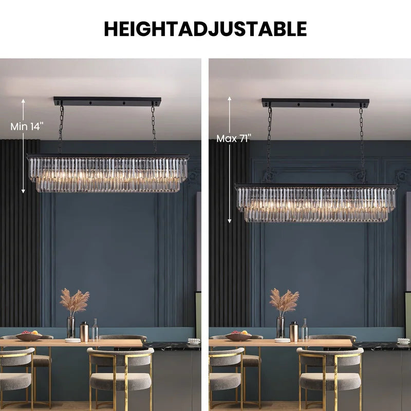47 In. Smoked Gray and Black Modern Contemporary Crystal Chandelier 2-Tier Linear Kitchen Island Pendant Light for Dining Room
