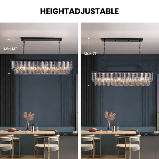 47 In. Smoked Gray and Black Modern Contemporary Crystal Chandelier 2-Tier Linear Kitchen Island Pendant Light for Dining Room