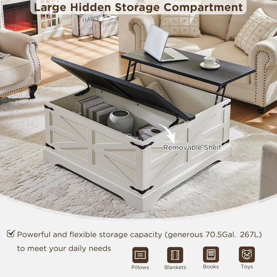 Farmhouse Lift Top Coffee Table with Storage, Wood Square Center Table