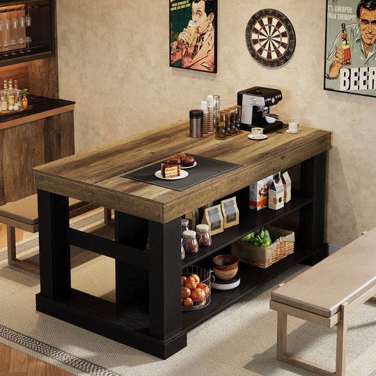 55-Inch Stationary Kitchen Island with Storage Shelves and Large Worktop, Farmhouse Style, Light Brown