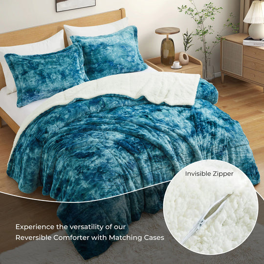 3 Piece Winter Reversible Comforter Set Faux Shearling Ultra Soft Minky Plush and Fuzzy Fleece Microfiber