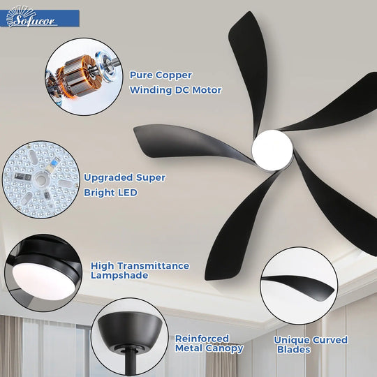 Sofucor 45/52 Inch Ceiling Fan with Remote & Lights Quiet DC Motor 5 Blade High CFM Modern Fan