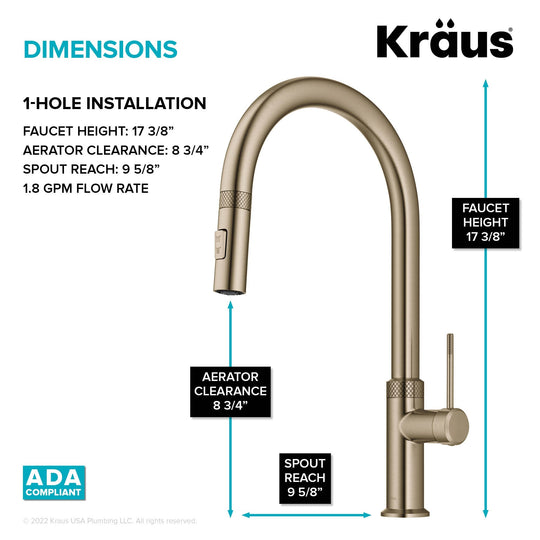 2-Function 1-Handle 1-Hole Pulldown Sprayer Brass Kitchen Faucet