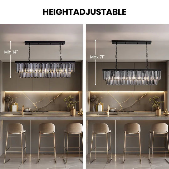47 In. Smoked Gray and Black Modern Contemporary Crystal Chandelier 2-Tier Linear Kitchen Island Pendant Light for Dining Room