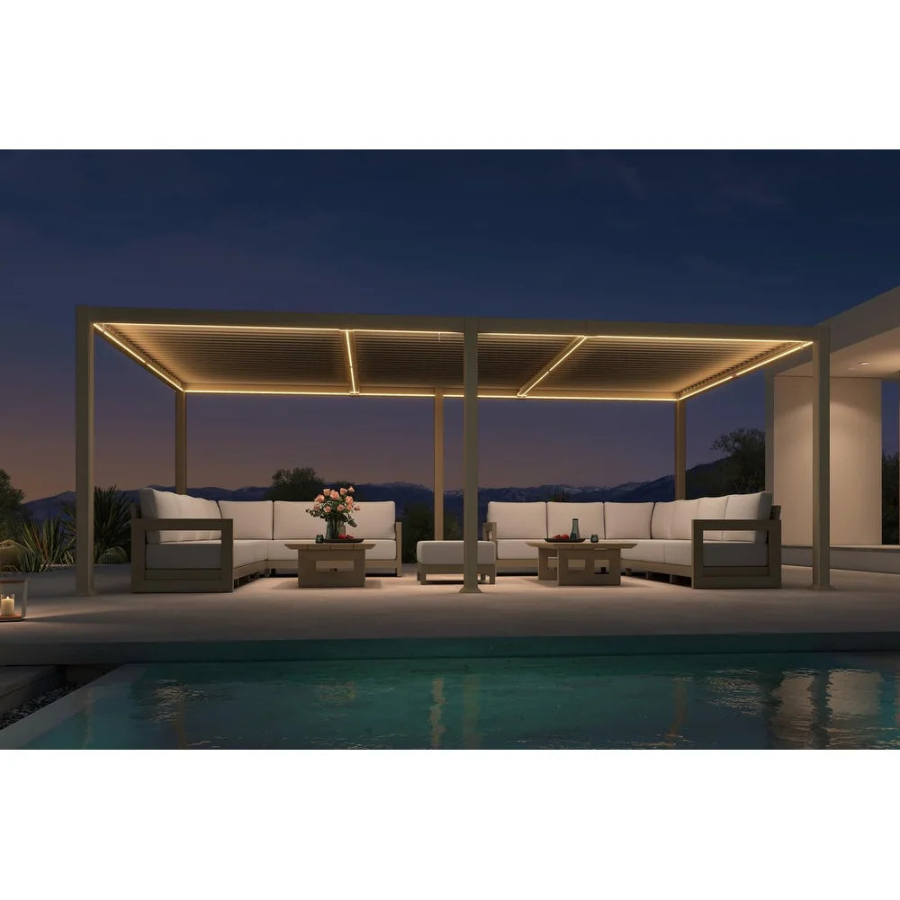 Solar Louvered Pergola with LED String Lights Aluminum Outdoor Pergola with Adjustable Roof for Patio Garden