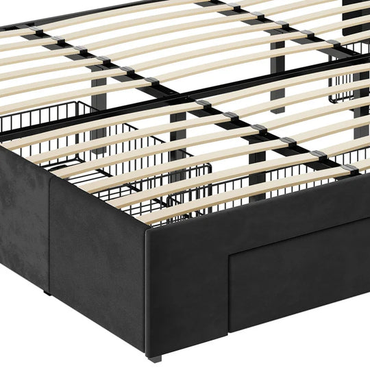 Queen/King Size Velvet Upholstered Bed with Charging Station and Storage Drawers