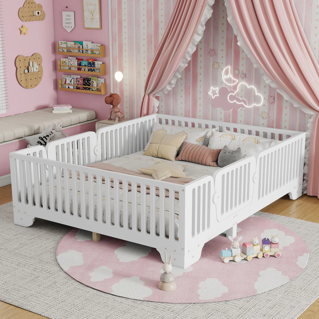 Full Size Montessori Floor Bed Frame with Safety Rails and Removable Door, Low Profile Kids Bed with Slatted Support