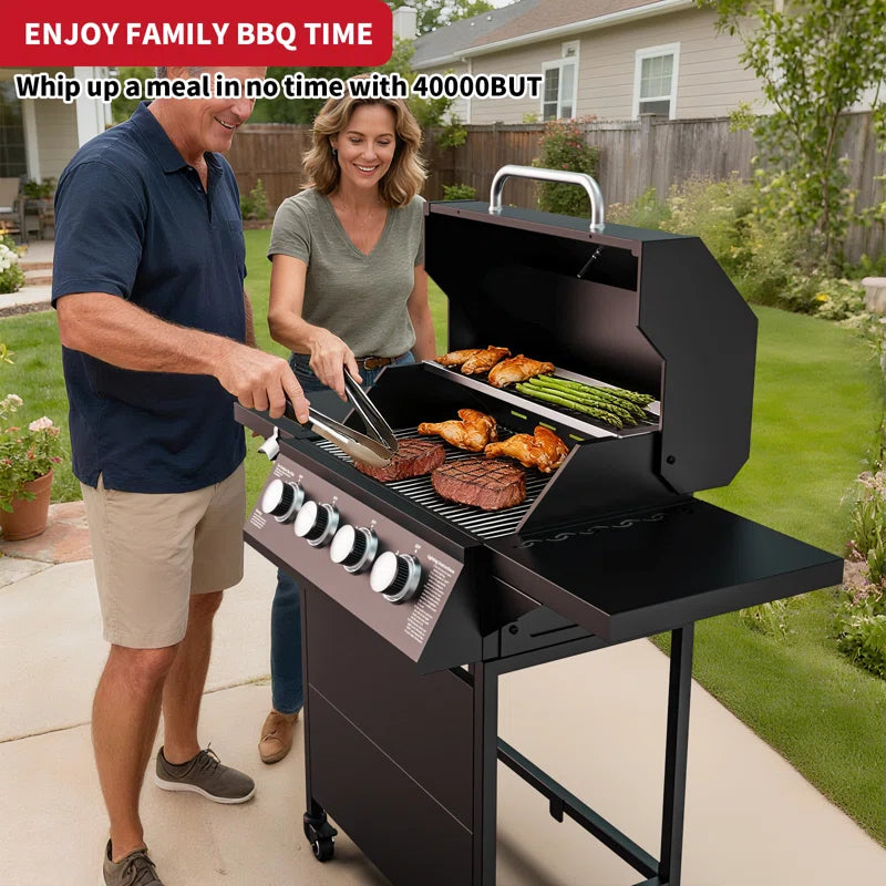 4-Burner Propane Gas Bbq Grill with Wheels, 40,000 Btu Output Gas Barbecue Grill for Backyard,Camping & Outdoor Cooking,Easy Assembly
