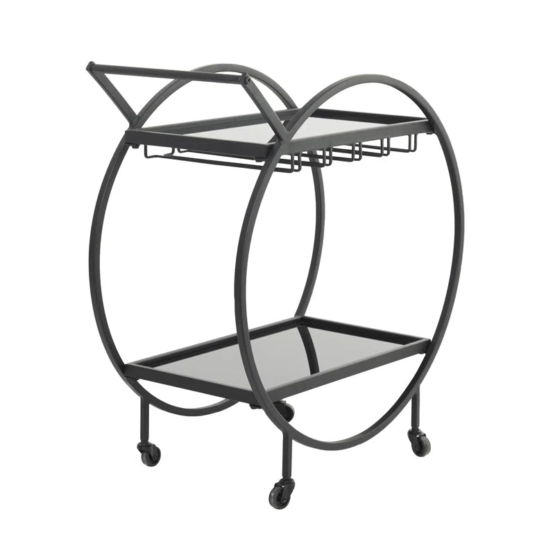 Metal Rolling 2 Mirrored Shelves Bar Cart with Wine Glass Storage and Handle