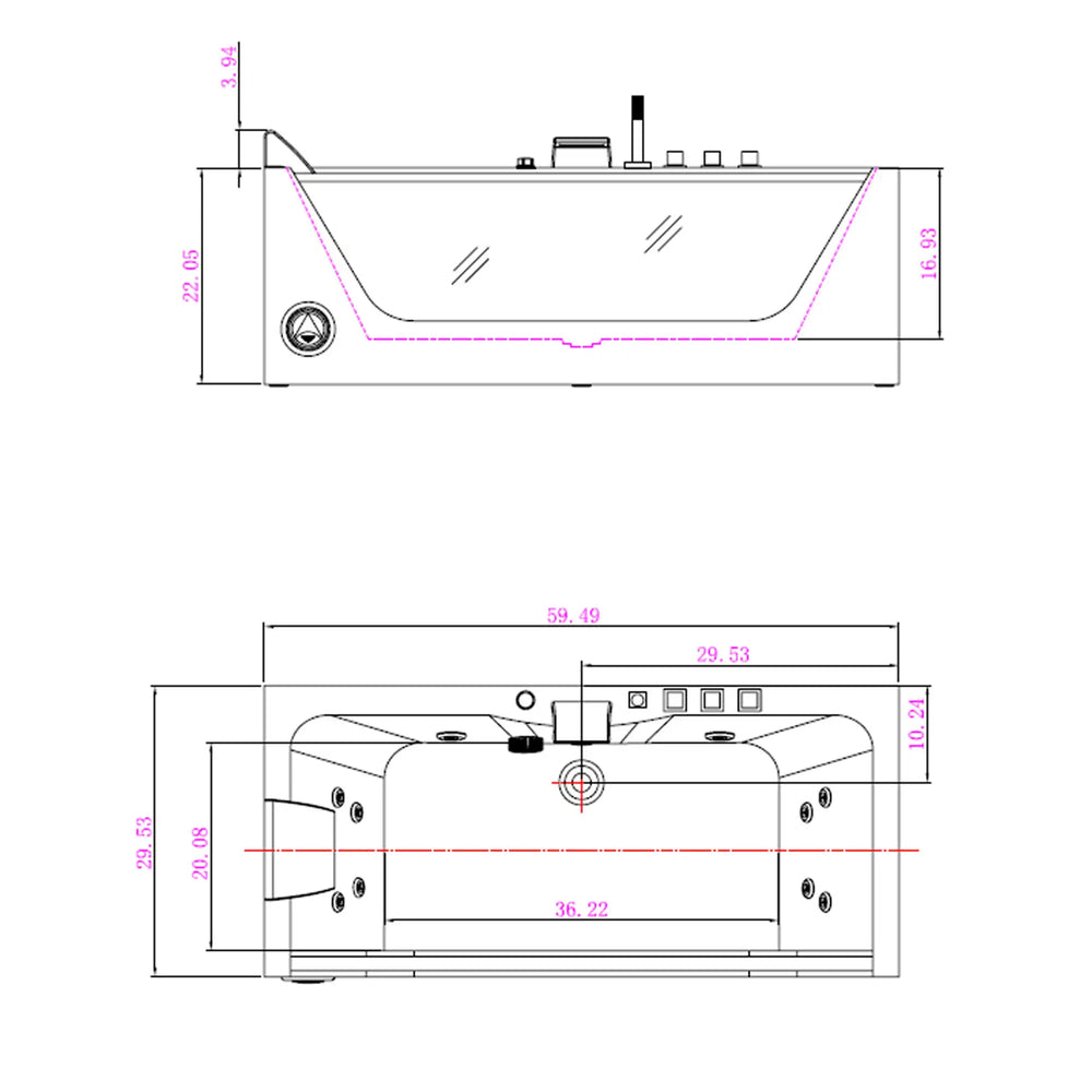 59" X 30" Acrylic Rectangle Whirlpool Bathtub - 11 Water Jets - Led Lights - Center Drain - 3-Side Alcove Install