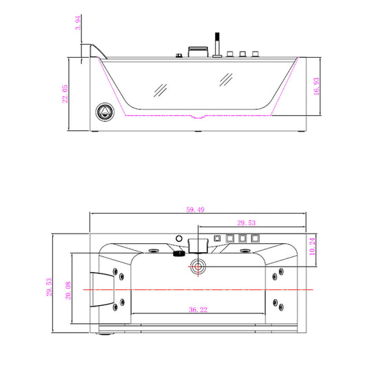 59" X 30" Acrylic Rectangle Whirlpool Bathtub - 11 Water Jets - Led Lights - Center Drain - 3-Side Alcove Install