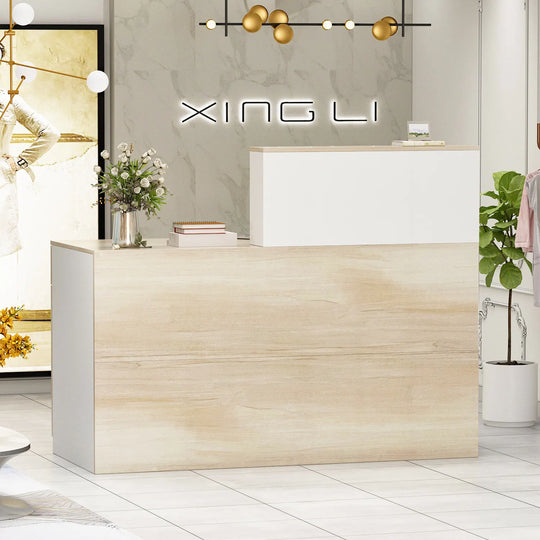 Reception Desk Wood Front Counter Table W/ Lockable Storage by
