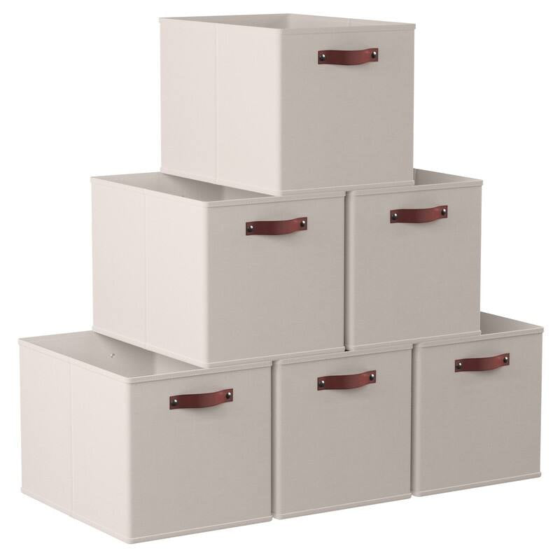 Foldable Collapsible Storage Box Bins Linen Fabric Shelf Basket Cube Organizer with Leather Handles - Set of 6