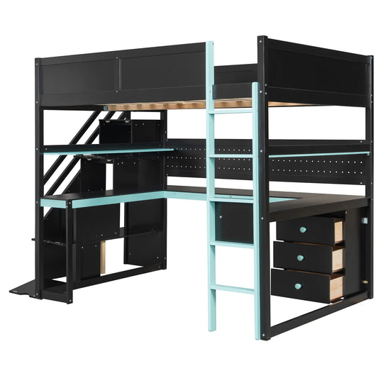Full Size Wooden Gaming Loft Bed with Storage Stairs, Desk, Shelves and Pegboard