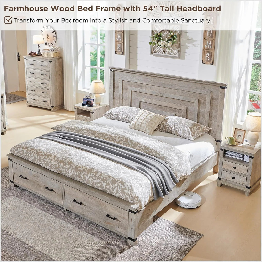 Farmhouse Wood Bed Frame with 54" Tall Headboard, 2 Large Drawers