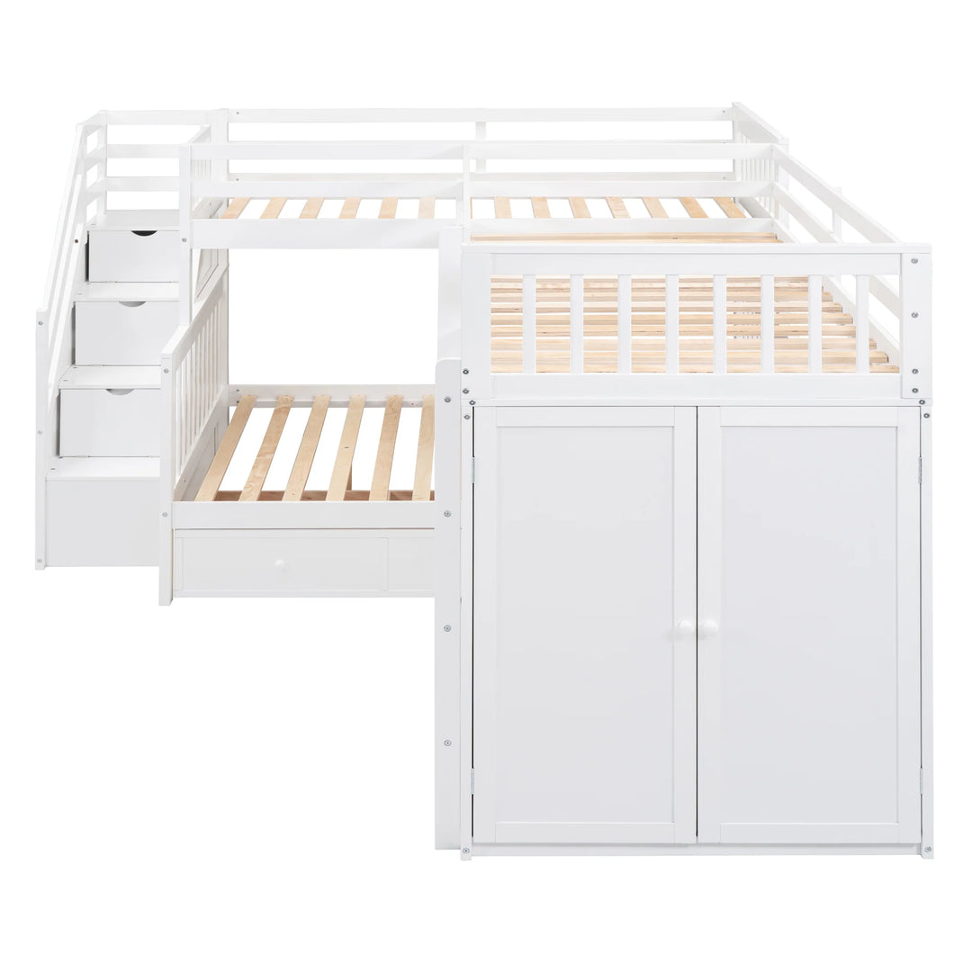 L-Shaped Bunk Bed with Three Drawers, Portable Desk and Wardrobe, Twin-Twin over Full Design