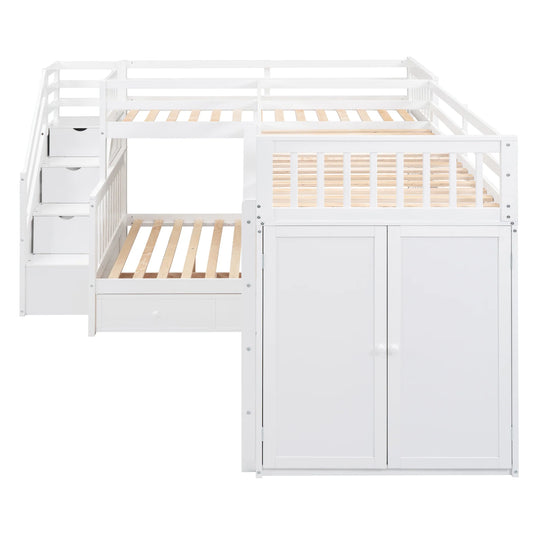 L-Shaped Bunk Bed with Three Drawers, Portable Desk and Wardrobe, Twin-Twin over Full Design