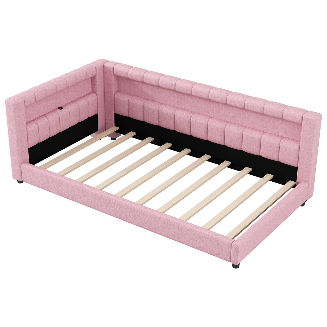 Upholstered Low-Profile Daybed Platform Bed Built-In USB Ports and LED Light Belt, Grounded Design with Padded Backrest