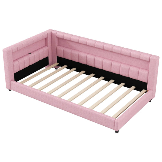 Upholstered Low-Profile Daybed Platform Bed Built-In USB Ports and LED Light Belt, Grounded Design with Padded Backrest