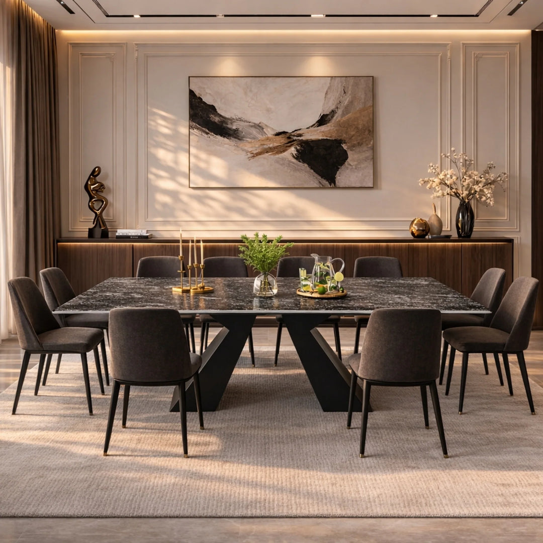 Minimalism Extendable Rectangular Sintered Stone Double Pedestal Dining Table Seat for 8-12 - 110.24"