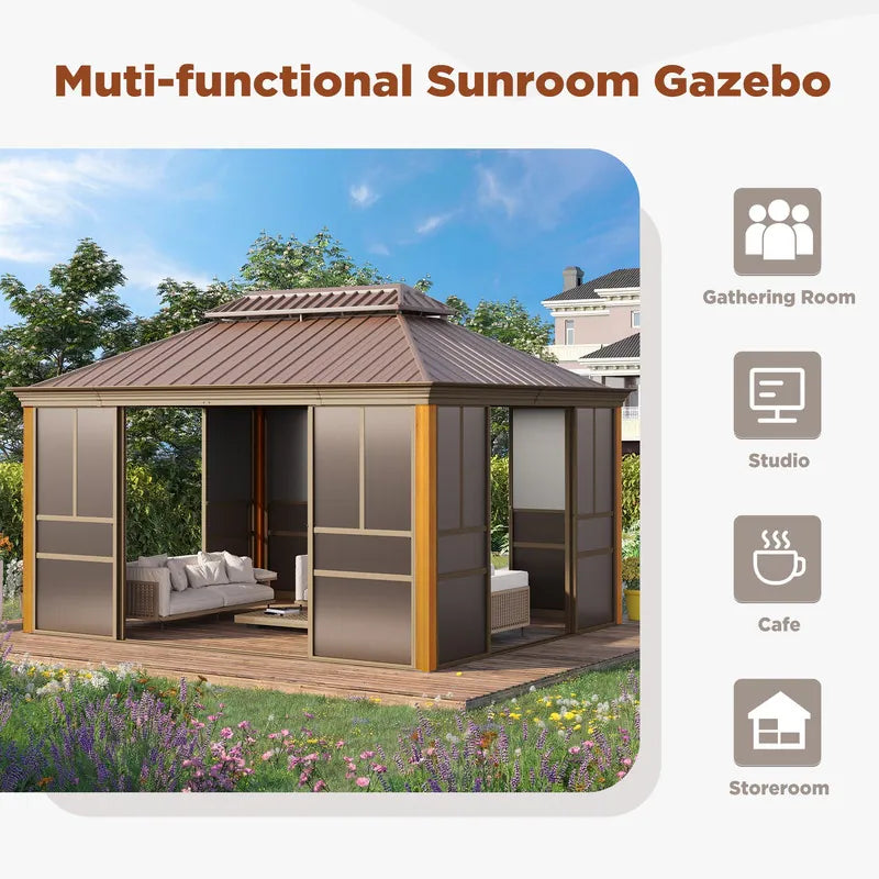 Outdoor Hardtop Sunroom Gazebo with Double Roof & Sliding Doors, All-Season Aluminum Outdoor Pergola, PE Screens&Lockable Design