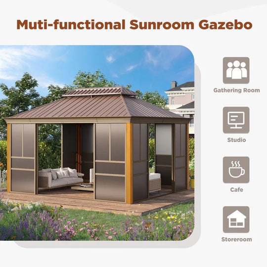 Outdoor Hardtop Sunroom Gazebo with Double Roof & Sliding Doors, All-Season Aluminum Outdoor Pergola, PE Screens&Lockable Design