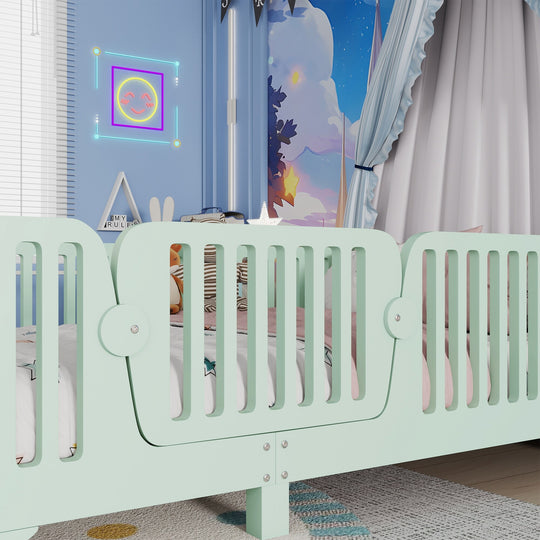 Full Size Montessori Floor Bed Frame with Safety Rails and Removable Door, Low Profile Kids Bed with Slatted Support