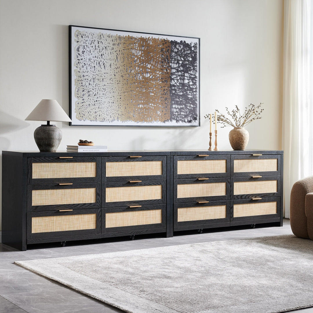 Elegant Right Angled Dresser with 6 Rattan Woven Drawers