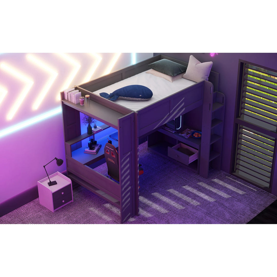 Full Size Gaming Loft Bed with Desk, Multi-Storage Shelves, LED and Charging Station, Dark Design