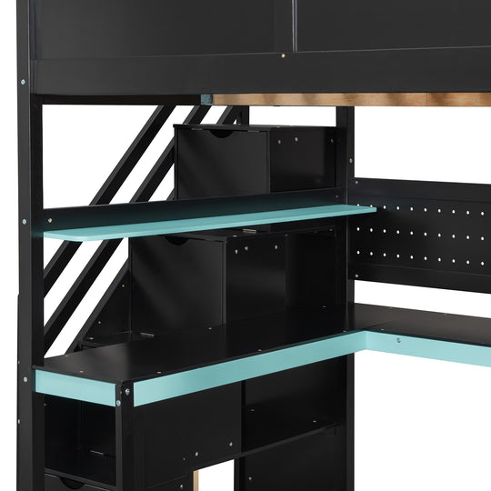 Full Size Wooden Gaming Loft Bed with Storage Stairs, Desk, Shelves and Pegboard