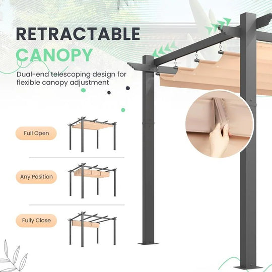 10' X 13' Outdoor Pergola with Retractable Canopy, Heavy-Duty Metal Frame and Adjustable Patio Shade Roof
