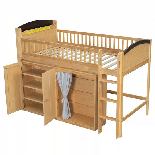 Loft Bed with Storage Cabinet and LED