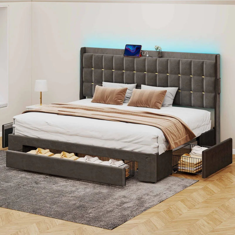 Queen/King Size Velvet Upholstered Bed with Charging Station and Storage Drawers