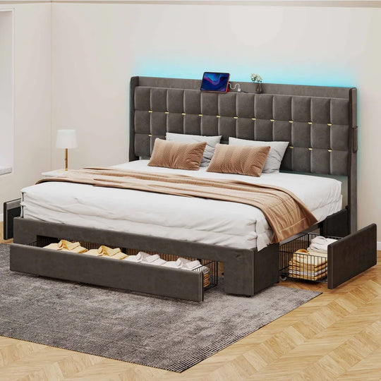 Queen/King Size Velvet Upholstered Bed with Charging Station and Storage Drawers