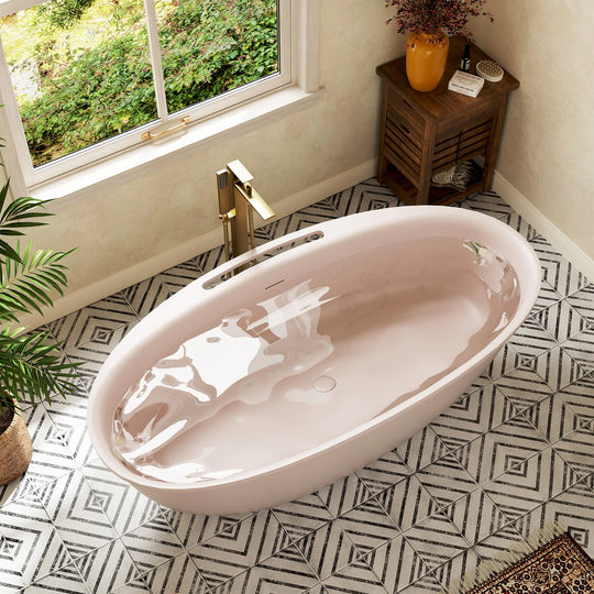 Luxury Flatbottom Solid Surface Freestanding Soaking Bathtub with Discreet Towel Slot and Drain Assembly