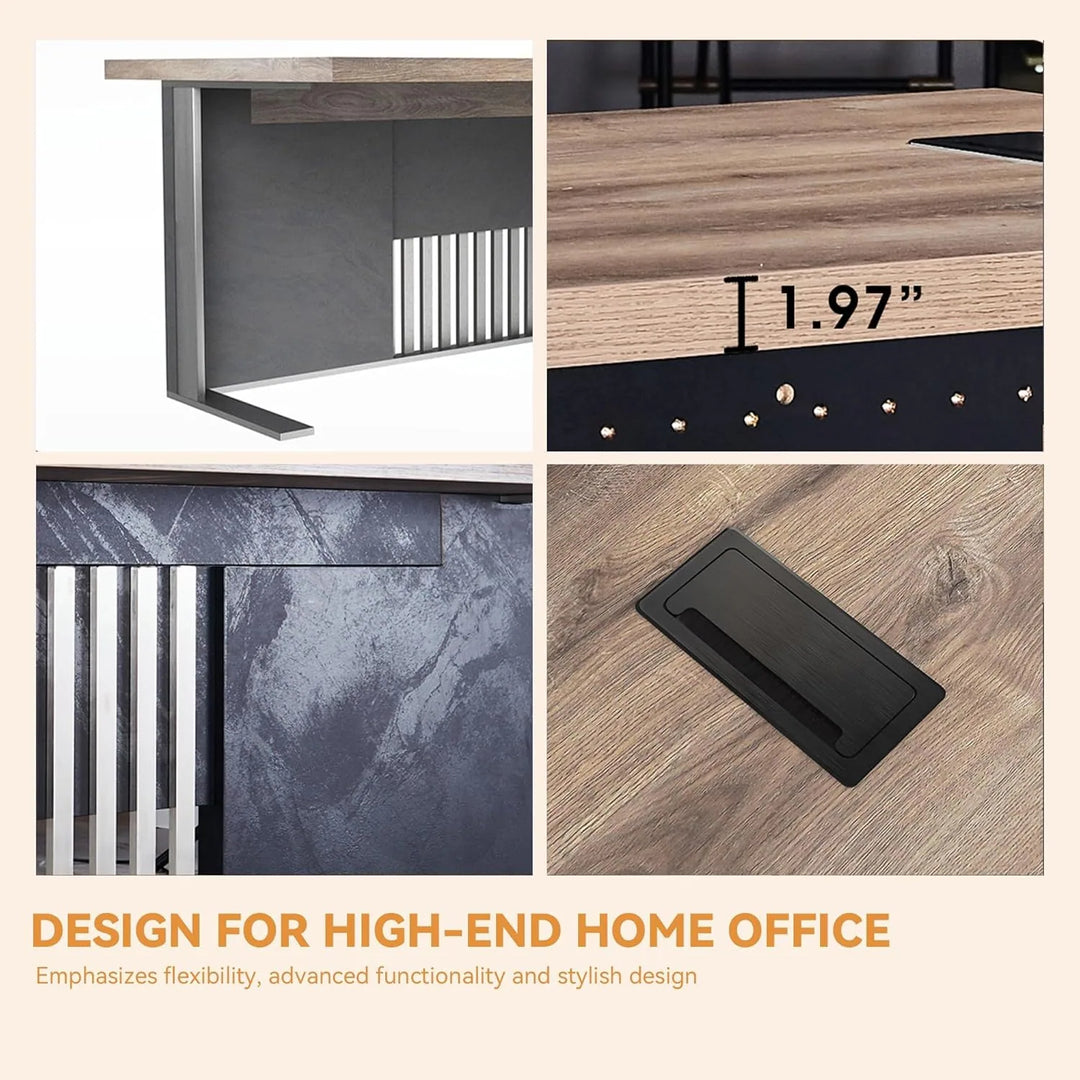 WESOME L-Shaped Executive Office Desk with 2 Drawers 4 Wheels File Cabinets Cable Management