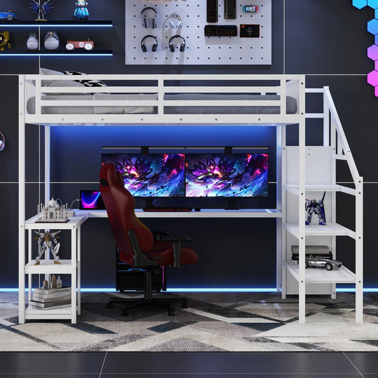 Metal Queen Loft Bed W/ Wardrobe & LED Light L Shaped Desk USB for Kids Teens Adults - White