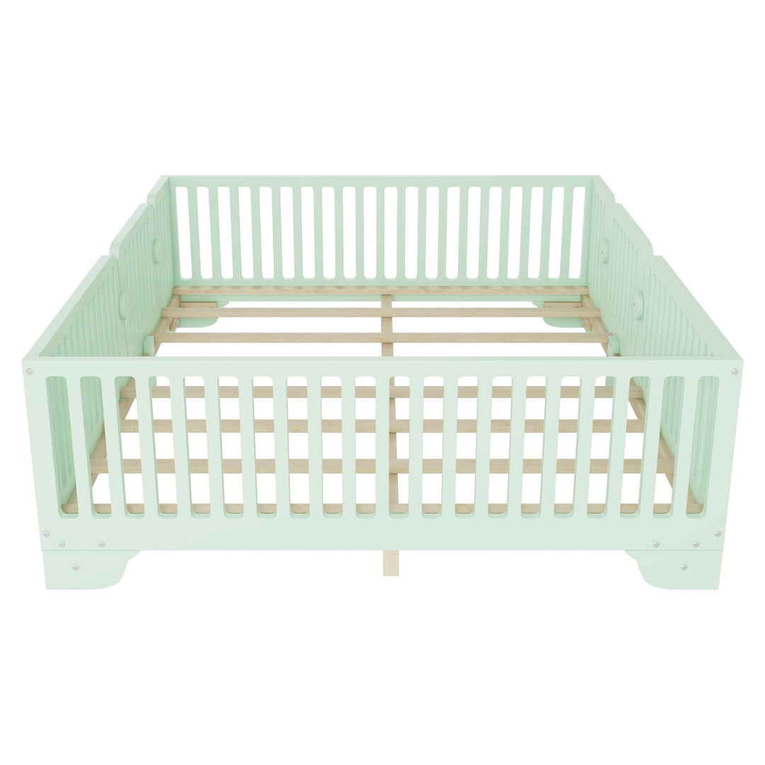 Full Size Montessori Floor Bed Frame with Safety Rails and Removable Door, Low Profile Kids Bed with Slatted Support