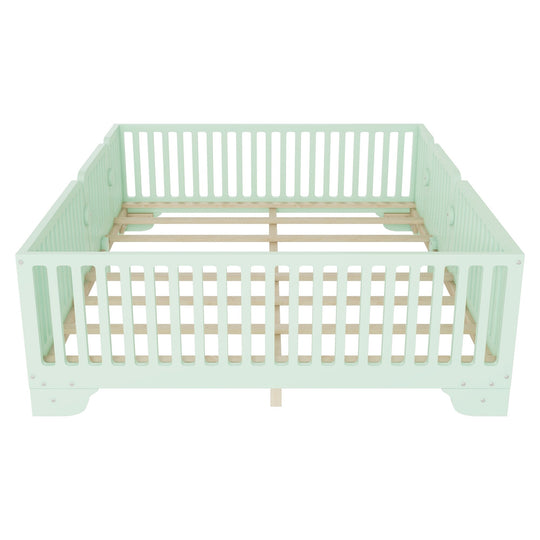 Full Size Montessori Floor Bed Frame with Safety Rails and Removable Door, Low Profile Kids Bed with Slatted Support