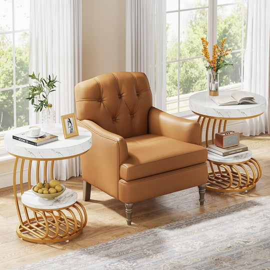 2 Tiers round End Table with Shelf Storage, Arc-Shaped Side Sofa Table