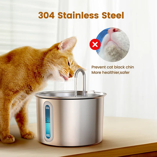 PWF-001 2L Stainless Steel Cat Water Fountain with Snap, Anti-Spill Cats Water Fountains with Quiet Pump,Continuous Fresh Water Supply,Pet Water Fountain for Single Kitty & Small Pets