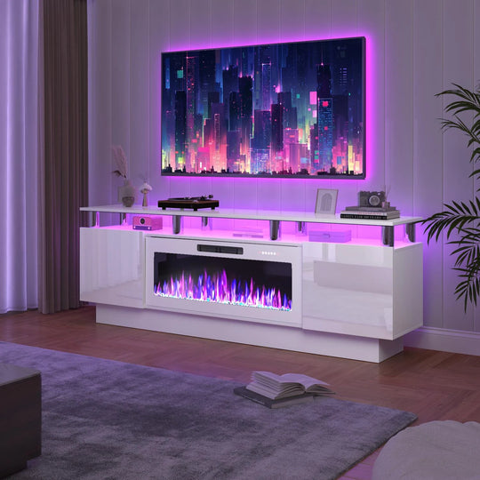 70" Modern Electric Fireplace TV Stand, with Electronic Flame and LED Lights, High Gloss Finish Entertainment Center