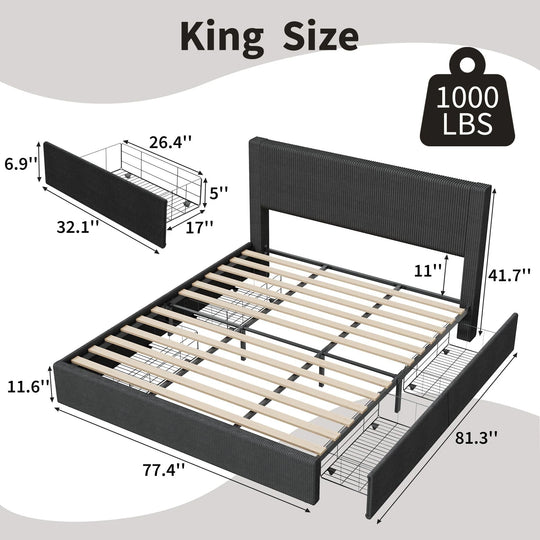 Upholstered Corduroy Channel Tufted Headboard Bed Frame, with 4 Storage Drawers