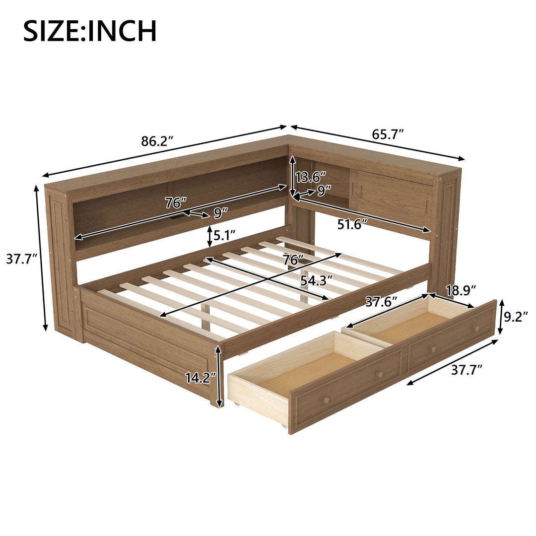 Full Size Wood Daybed with Storage Shelves, USB, LED, and 2 Drawers