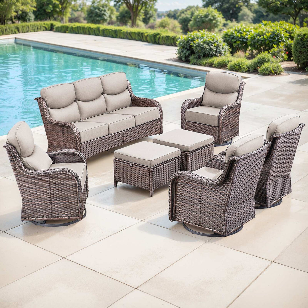 7-Piece Patio Furniture Set with Swivel Glider Chairs, 6-Inch Ultra-Plush Cushions & Water-Resistant Olefin Fabric