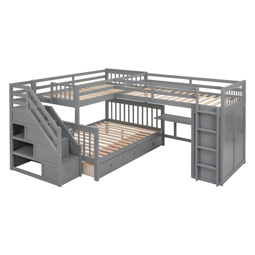 L-Shaped Bunk Bed with Three Drawers, Portable Desk and Wardrobe, Twin-Twin over Full Design