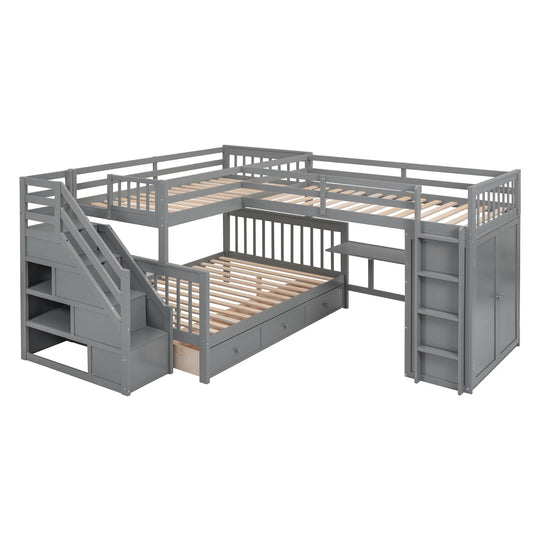 L-Shaped Bunk Bed with Three Drawers, Portable Desk and Wardrobe, Twin-Twin over Full Design