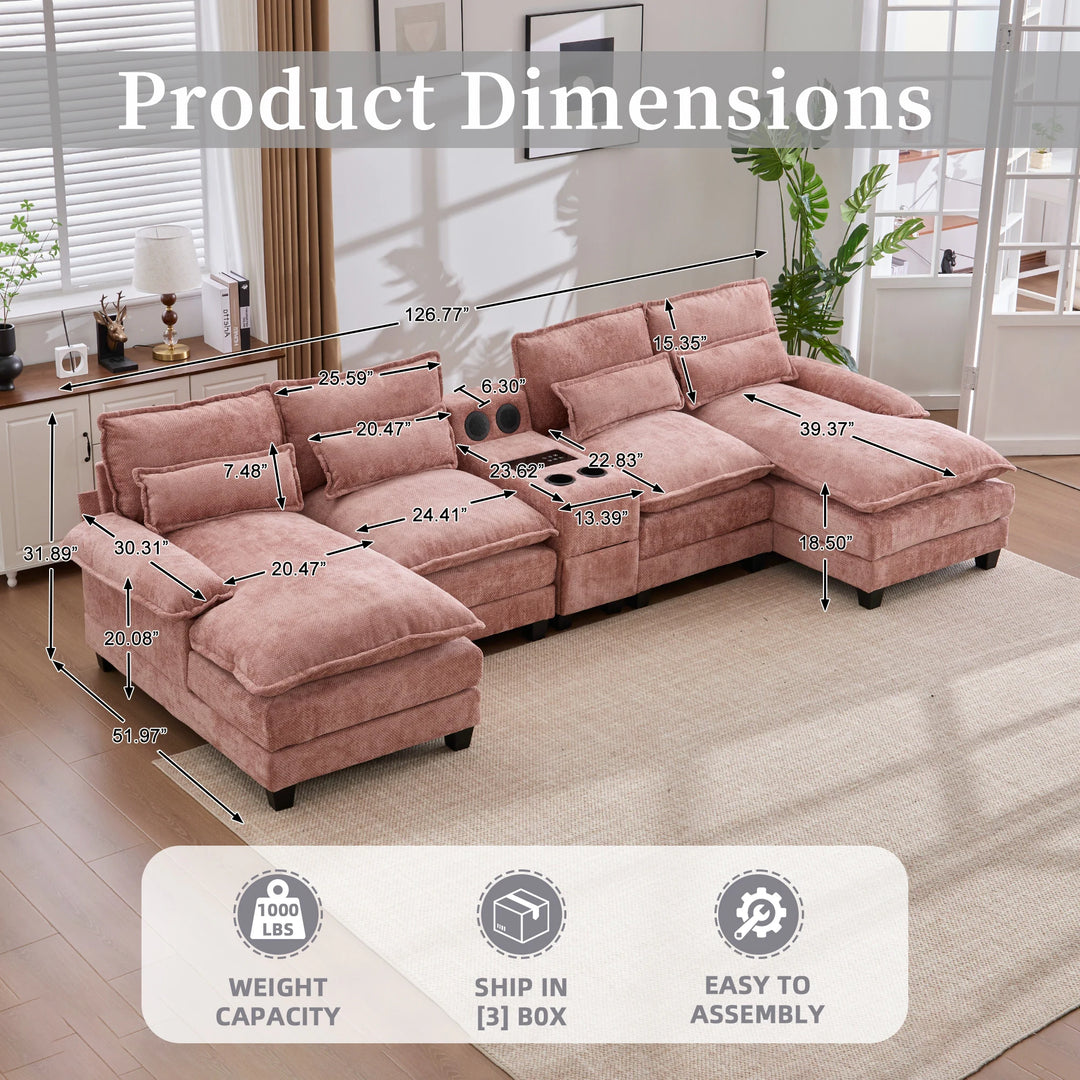 6-Seat Chenille Upholstered Modern U-Shaped Sectional Multifunctional Sofa with 2 Cup Holders,Pull-Out Storage Space
